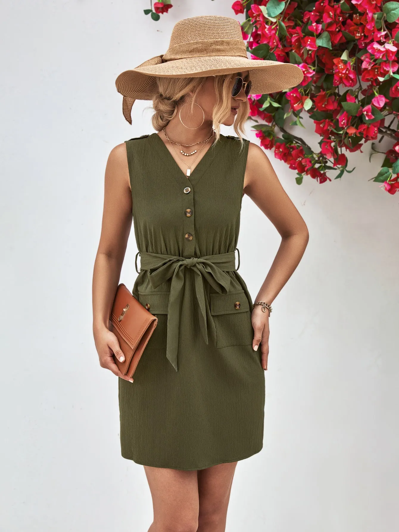 Buttoned V-Neck Belted Sleeveless Dress