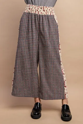 CHECKED MIX PRINTED ELASTIC WAIST WIDE PANTS WITH SIDE POCKETS