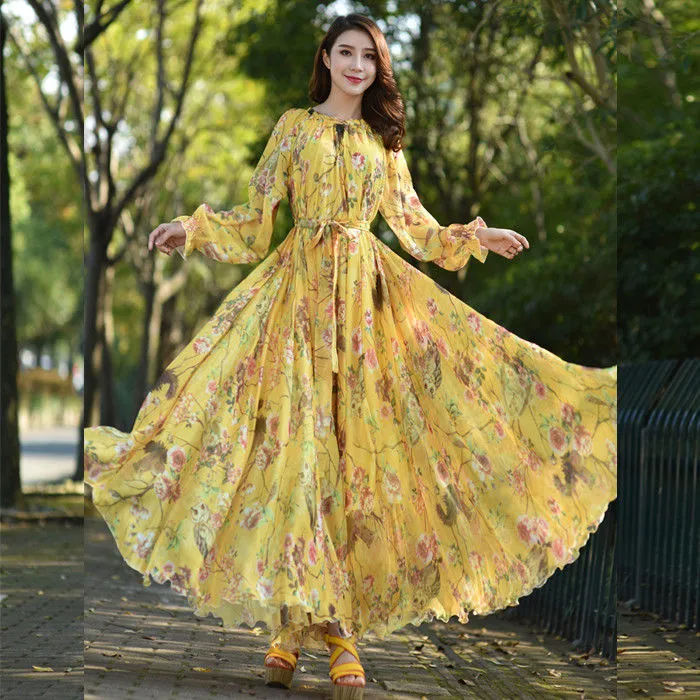 Floral Print O-Neck Long Sleeves Dress