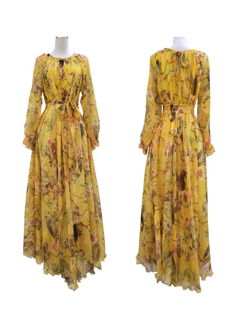 Floral Print O-Neck Long Sleeves Dress