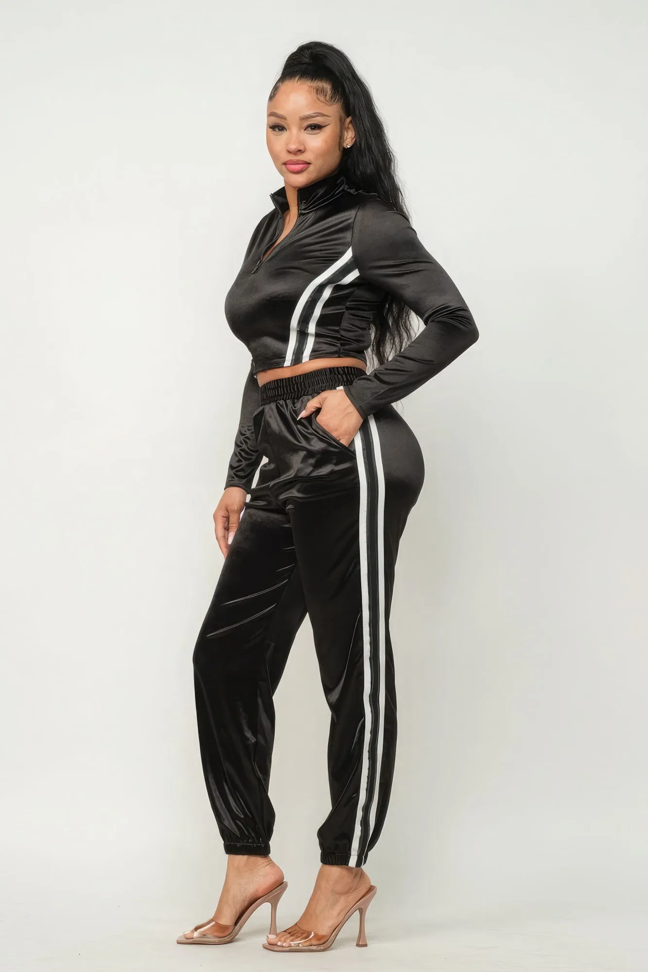 Front Zip Up Stripes Detail Jacket And Pants Set