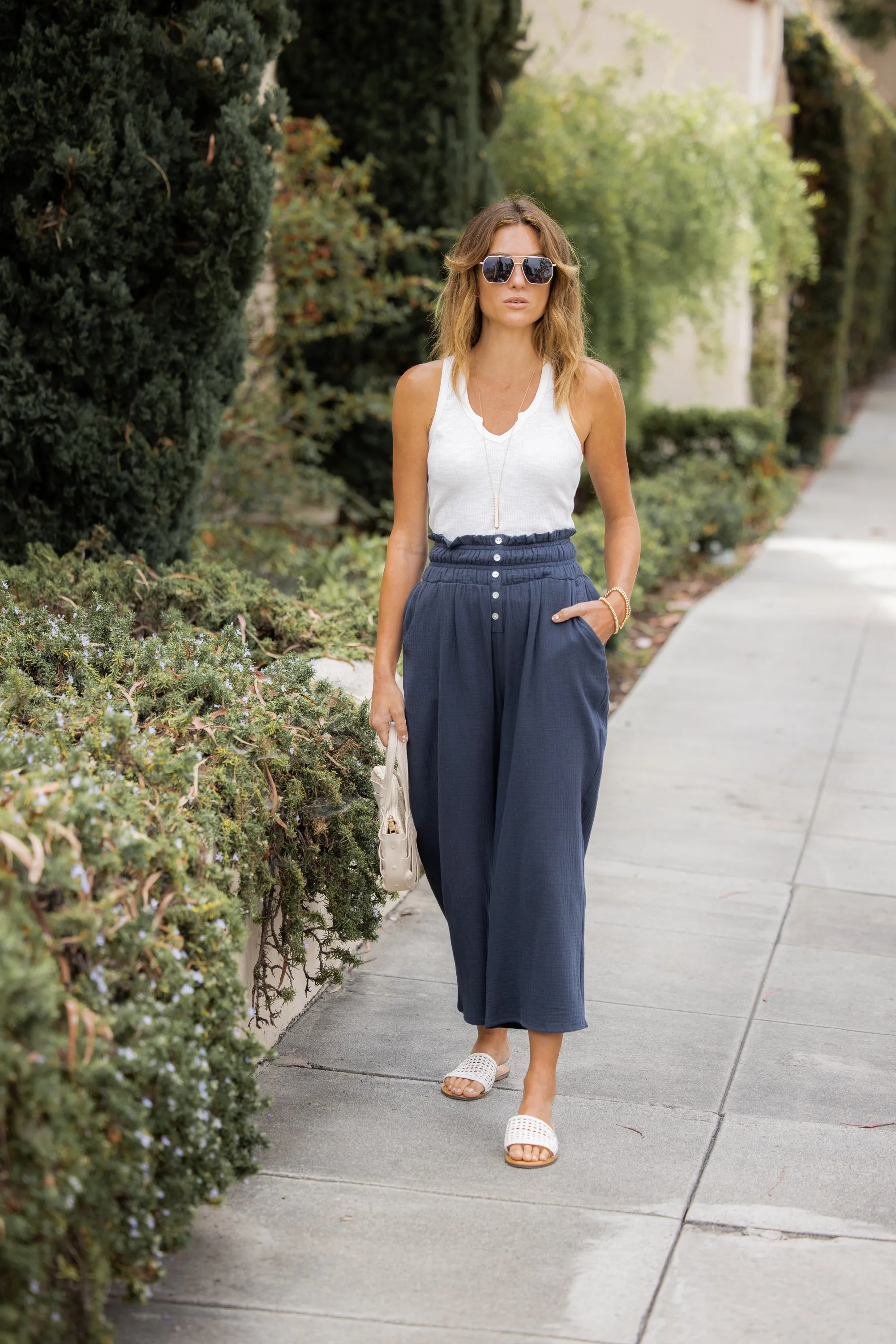 High Waisted Button Wide Leg Crop Pants