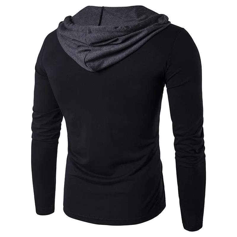 Men Patchwork Long Sleeves Drawstring Hoody T-Shirt