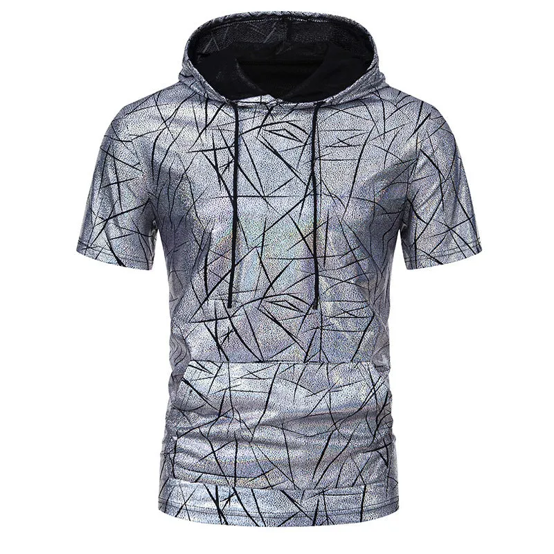 Men Pockets Short Sleeves Glossy Drawstring Hoody T-Shirt