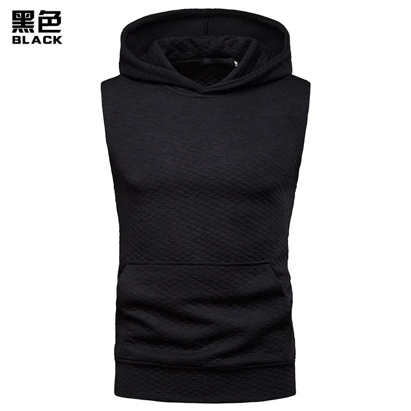 Men Sleeveless Lattice Pockets Hoody T-Shirt