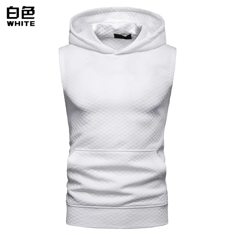 Men Sleeveless Lattice Pockets Hoody T-Shirt