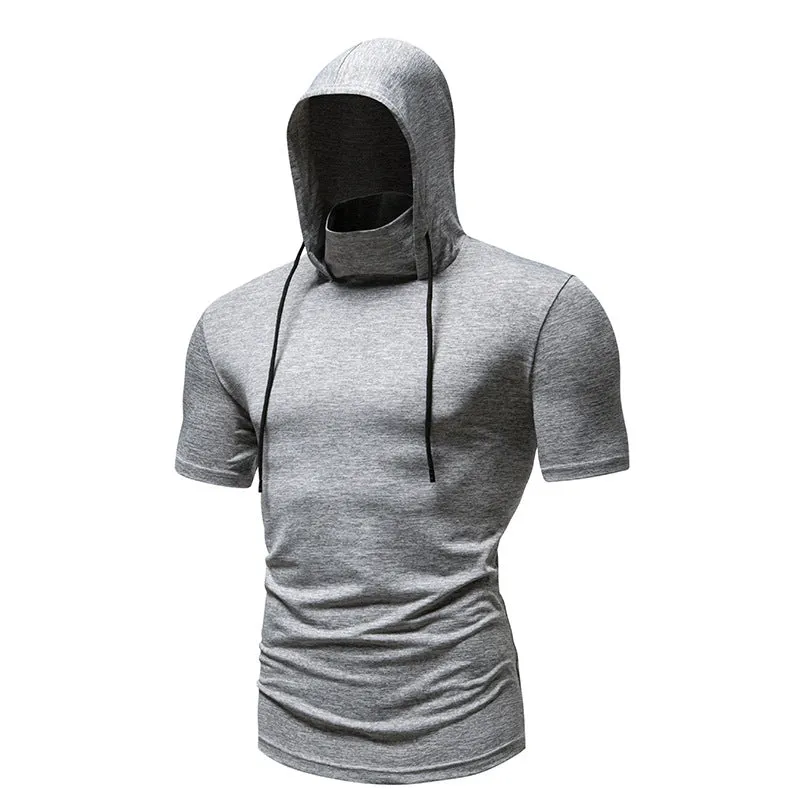 Men Slim Short Sleeves Drawstring Hoody T-Shirt