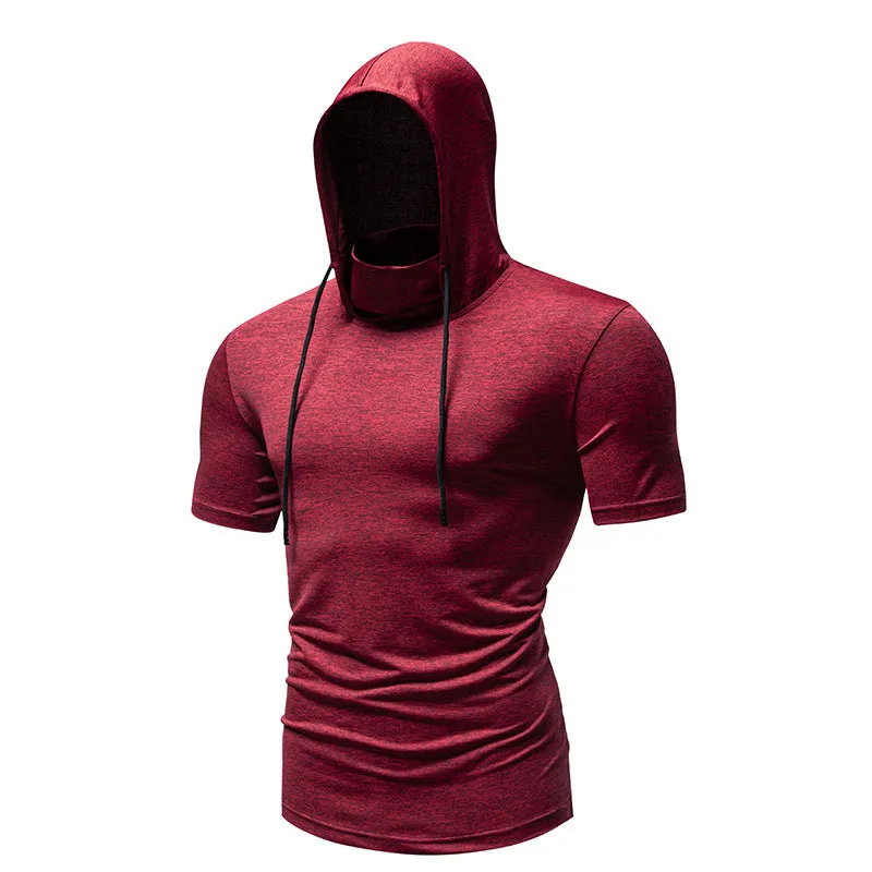 Men Slim Short Sleeves Drawstring Hoody T-Shirt