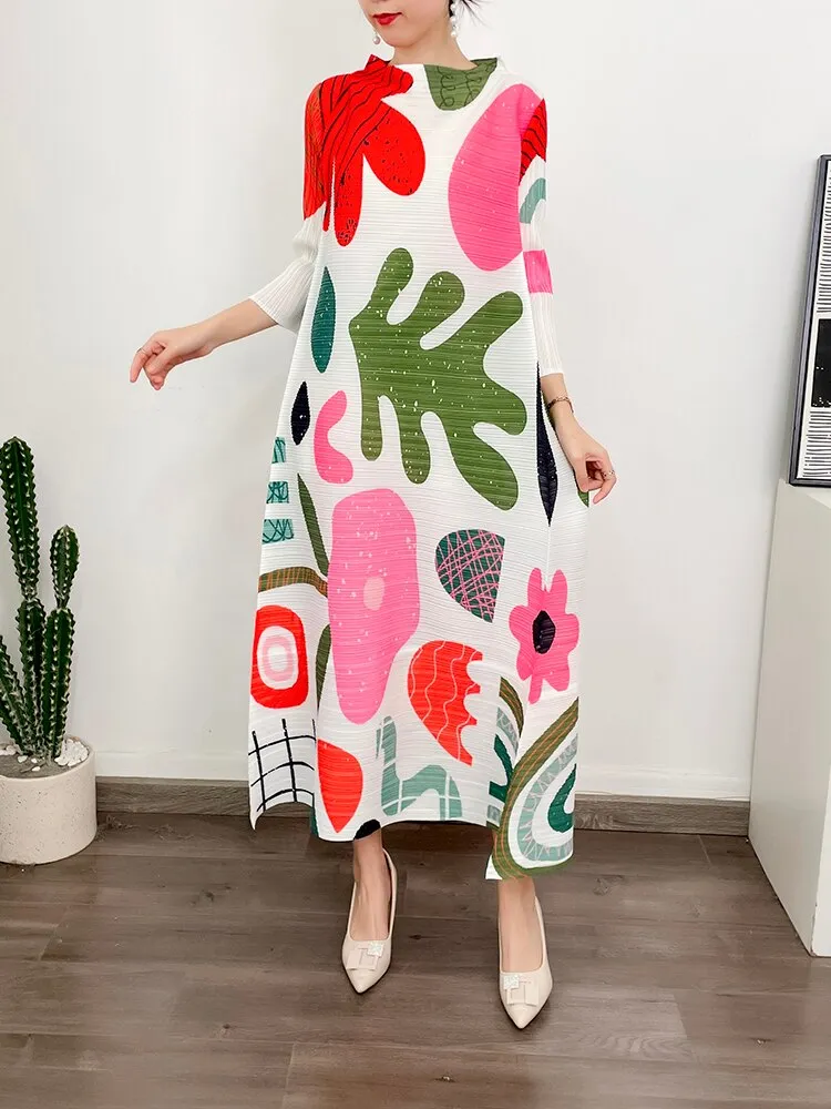 Miyake Pleated Floral Print Midi Dress