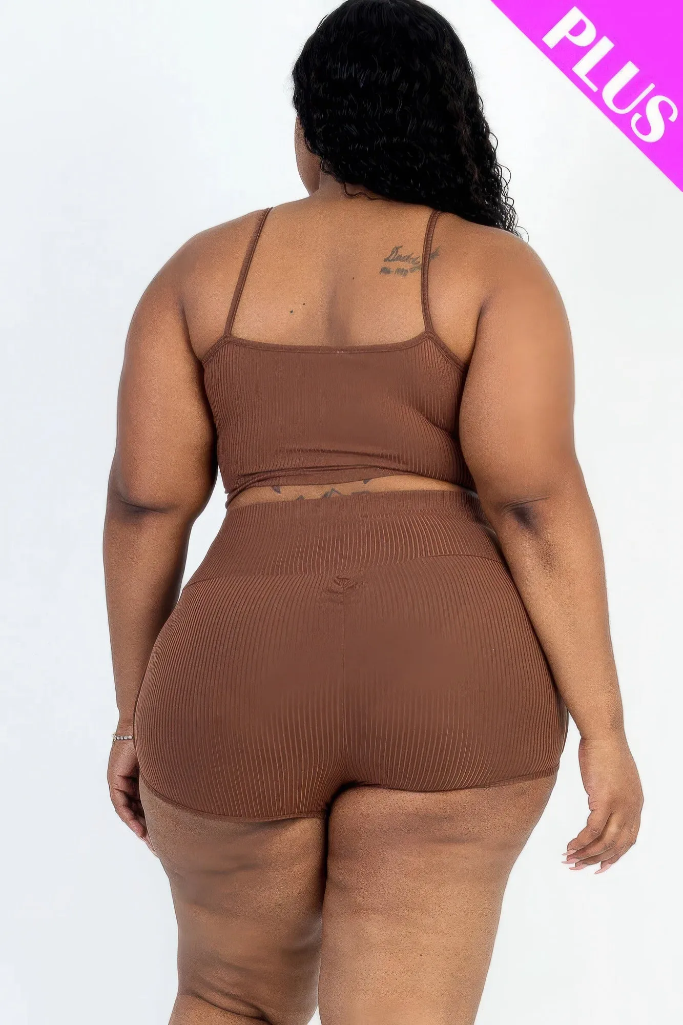 Plus Size Ribbed Cami Crop Top & Ruched Shorts Set