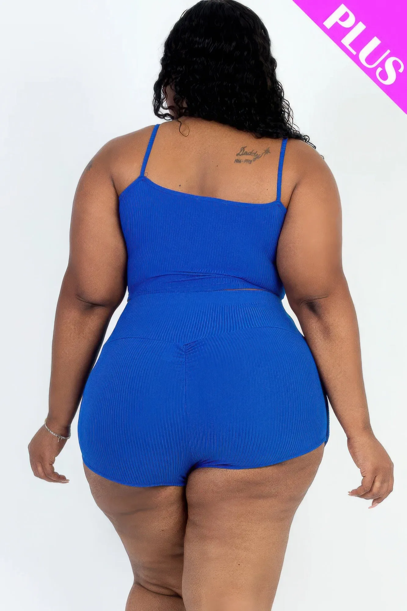 Plus Size Ribbed Cami Crop Top & Ruched Shorts Set