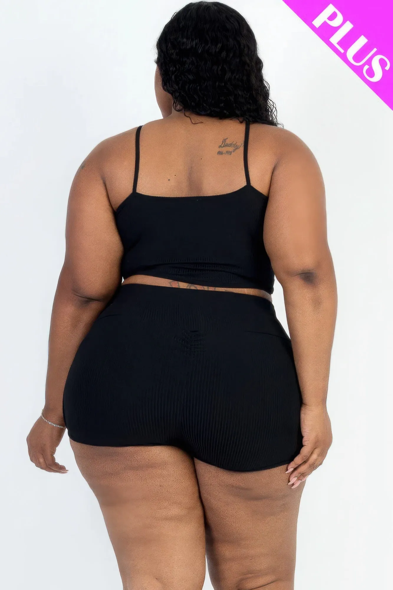 Plus Size Ribbed Cami Crop Top & Ruched Shorts Set