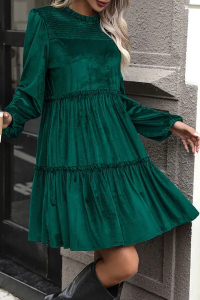 Smocked Balloon Sleeve Frill Trim Tiered Dress